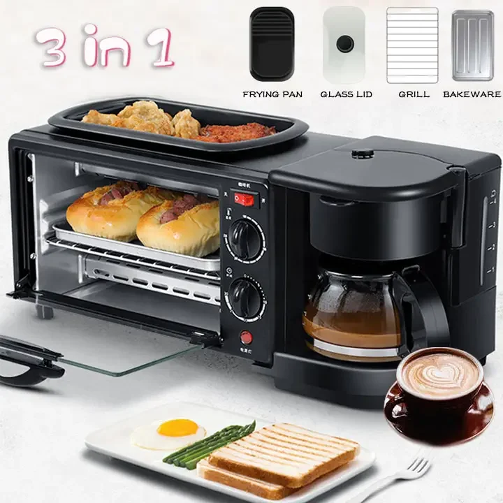 Automatic Cookware Multi Function Egg Cooker Sandwich Waffle Toaster Pizza 3 In 1 Mini Electric Oven Breakfast Station