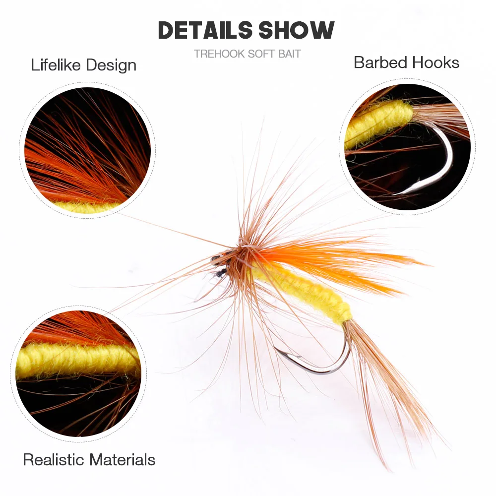VTAVTA 64pcs/Box 10Bionic insect  Fly Fishing Lures Dry Flies Wet  Artificial Bait For Trout Fly Tying Materials Hook