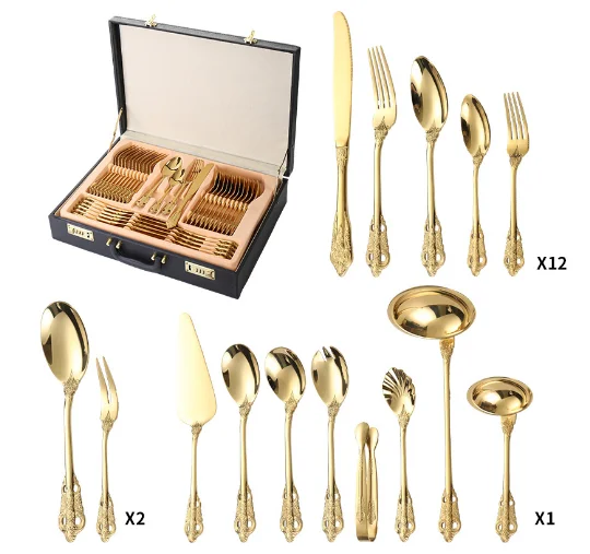 12 People Service Palace Style Flatware Sets Coloured Gold Cutlery Stainless Steel 72pcs Cutlery Set with Gift Box