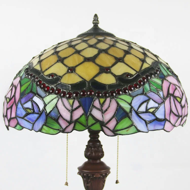 LongHuiJing 16Inch Tiffany Peony Blossom Floor Light Handcrafted Pink Orange Glass Lamp Shades Single Bronze Night Lamp