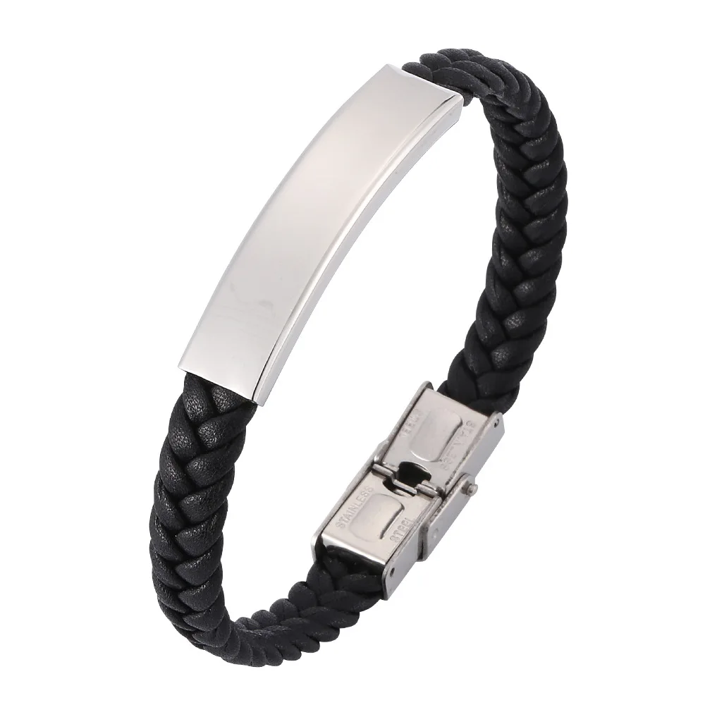 Stainless Steel Fashion Engrave Name Bracelet  DIY Vintage Leather Bracelets Magnetic Bangle Men Women Jewelry