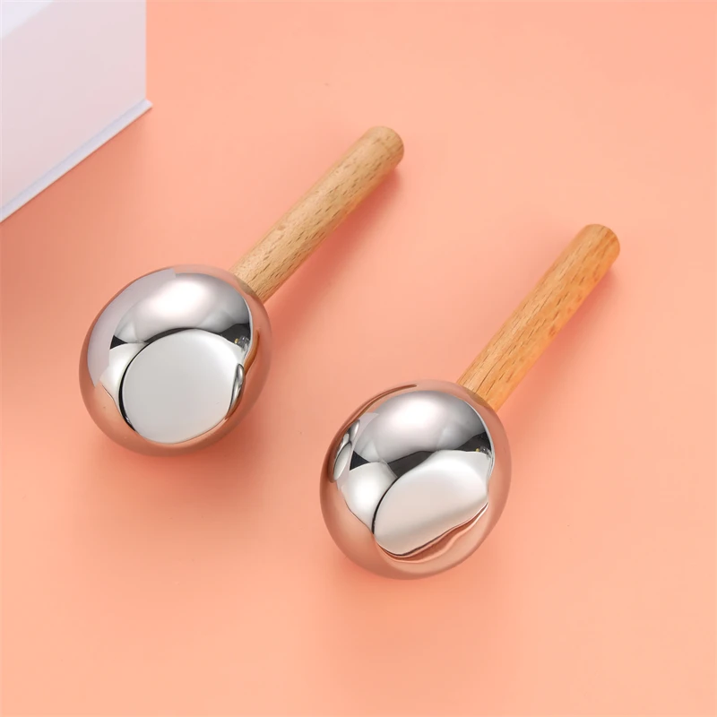 Custom Logo Two-Packs Beauty Products Wooden Handle 304 Stainless Steel Silver Magic Mini Ice Globe For Facial Massage