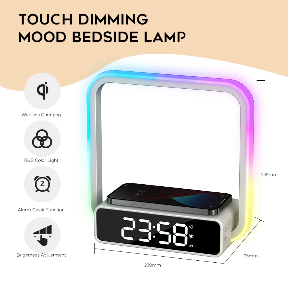 Touch sensor mood Light rgb atmosphere smart desk alarm clock wireless charger portable led night stand bedside table lamp