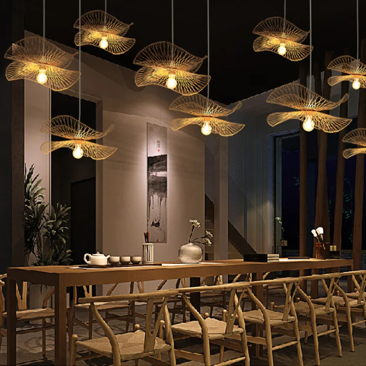 China Art Natural Weave Dome Shade Ceiling Light Restaurant Bar Cafe Kitchen Hanging Modern Led Bamboo Pendant Light Chandelier