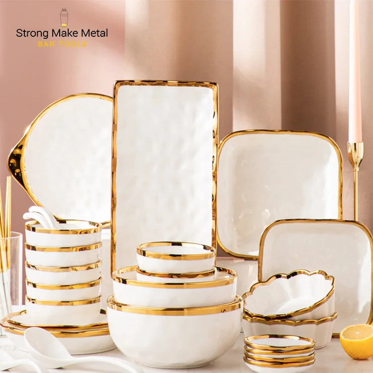 Hot sale Nordic color glaze marble gold rim dishes plate sets Crockery Tableware Porcelain ceramic dinner plate dinnerware
