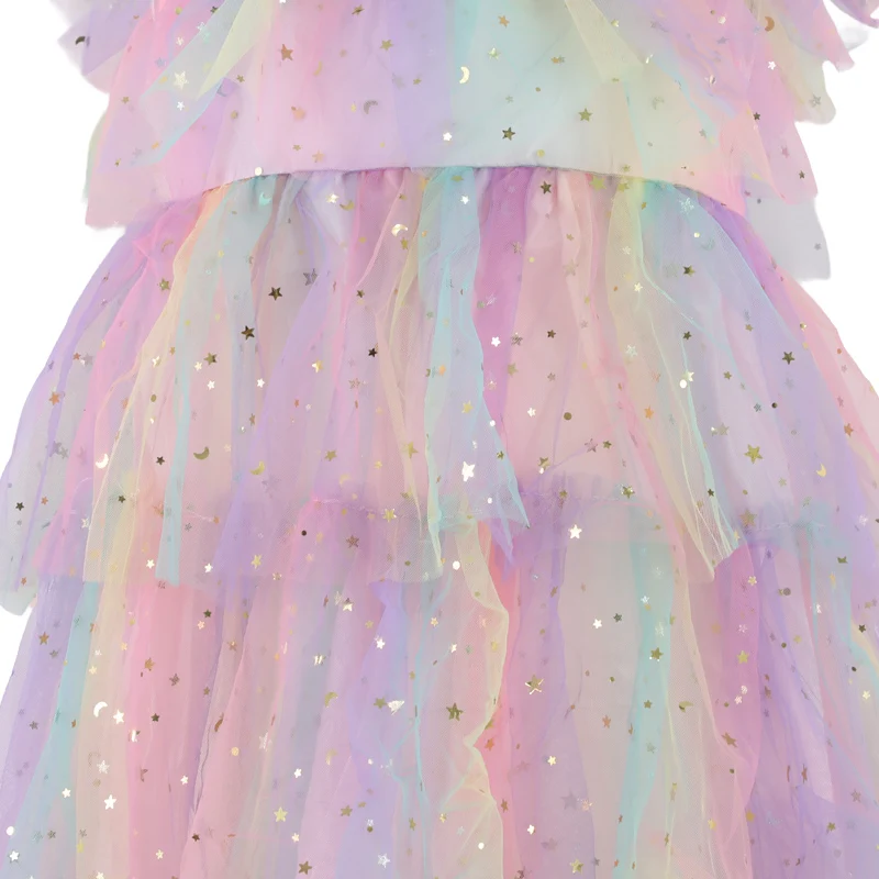 Custom Fly Sleeve Star Print Rainbow Layered Tulle dress for girls
