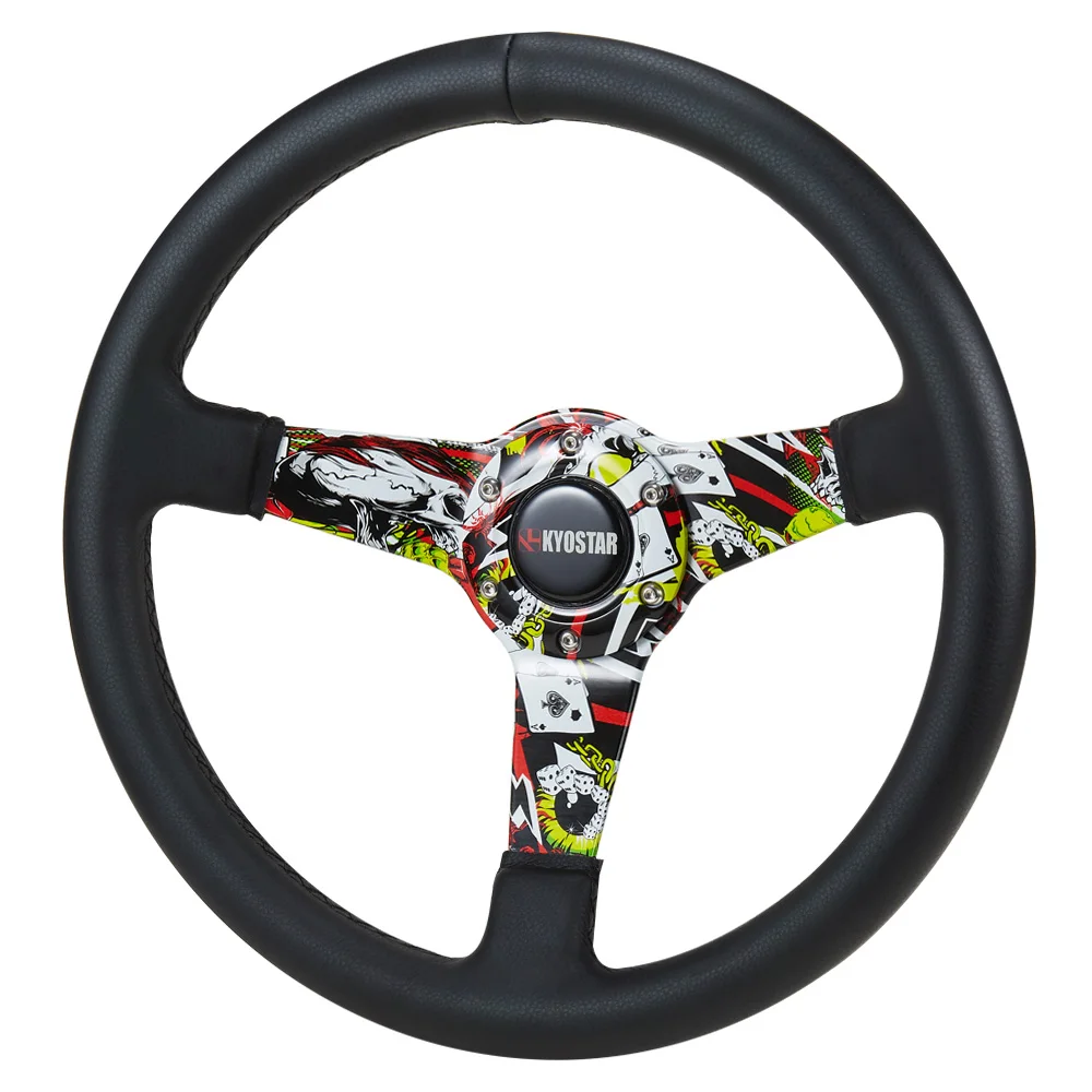 KYOSTAR 350mm Aluminum 3' Deep Corn Black Leather Steering Wheel with HYDRO DIP Pattern