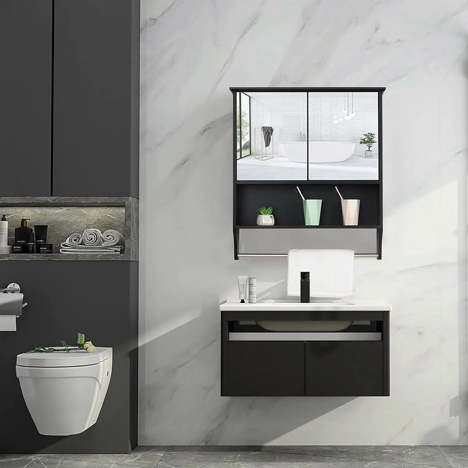 Bathroom Mirrored wall Cabinet with Adjustable Shelf  for Bathroom, Over The Toilet Space Saver Storage Cabinet, Black