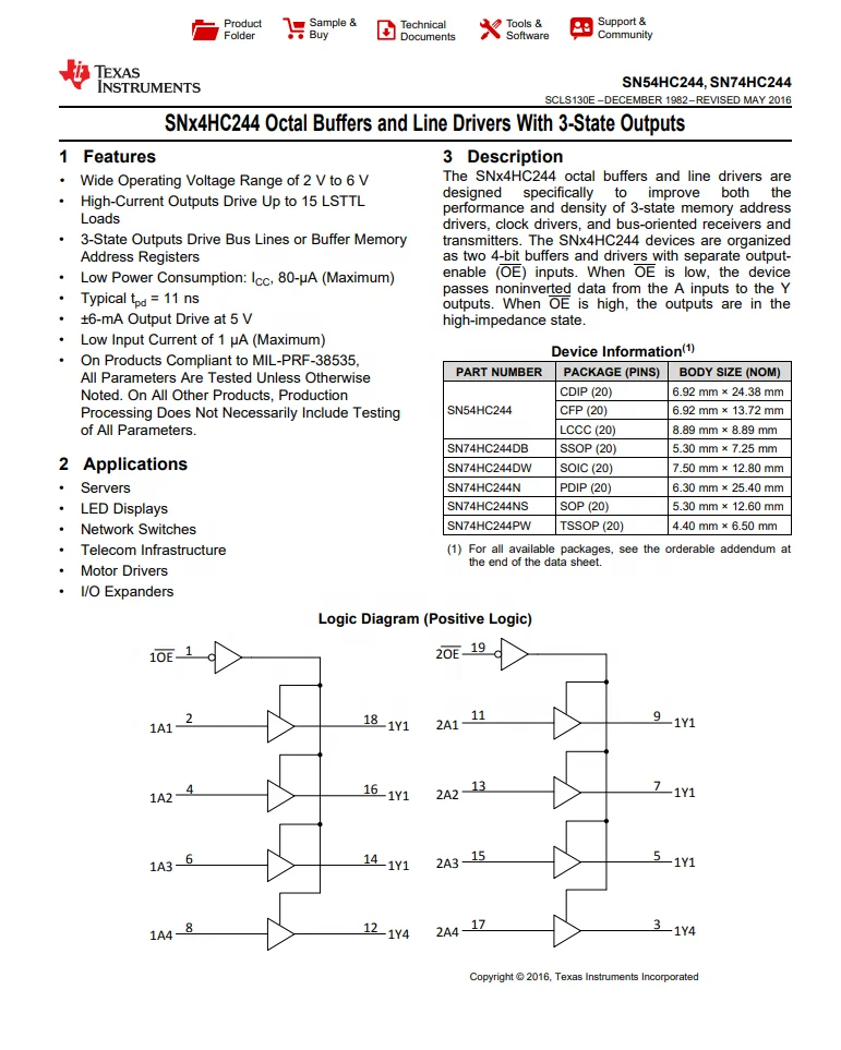 SN74HC244N Bus Driver/Transceivers IC BUFFER NON-INVERT 6V 20DIP integrated circuits ic chip SN74HC244N