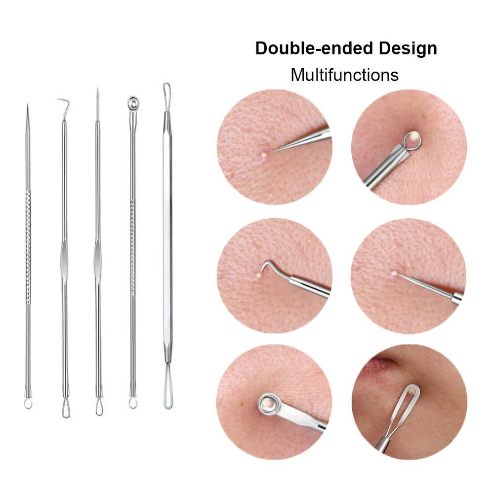Customized 5PCS Blackhead Remover Ance Extractor Curved Blackhead Tweezer Kit Professional Stainless Pimple Blemish Removal Tool