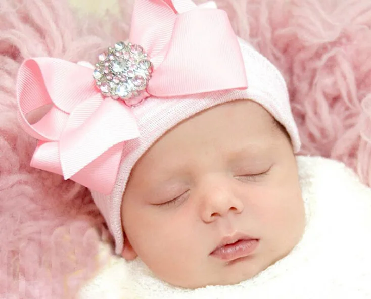 RTS Wholesale Factory New Big Bow Shiny Crystal Pink Striped Turban Baby Hat Bowknot Baby Girl Knitted Hat Newborn Baby Hat