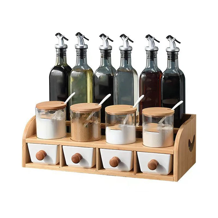 online hot sale Counter-top Bottle Display Holder Multi-functional bamboo and wood spice rack, two-tier kitchen shelf