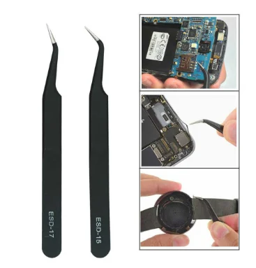 Set of 6 Stainless Steel Hardened Tip ESD Pointed Curved Tweezers