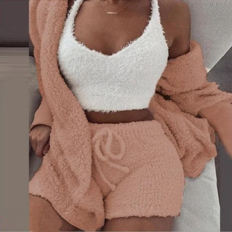 Winter Plush Home Casual Three Piece Pyjamas for Women Set Long Sleeve Crop Vest and Shorts Sets