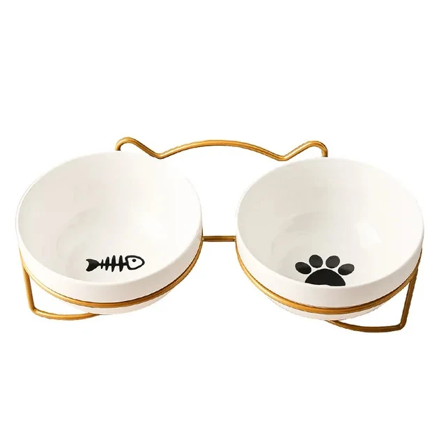 Pet Cat Bowl Ceramic 500ML Water Feeder Food Feeding Dish Dispenser Kitten Puppy Metal Elevated Bowl