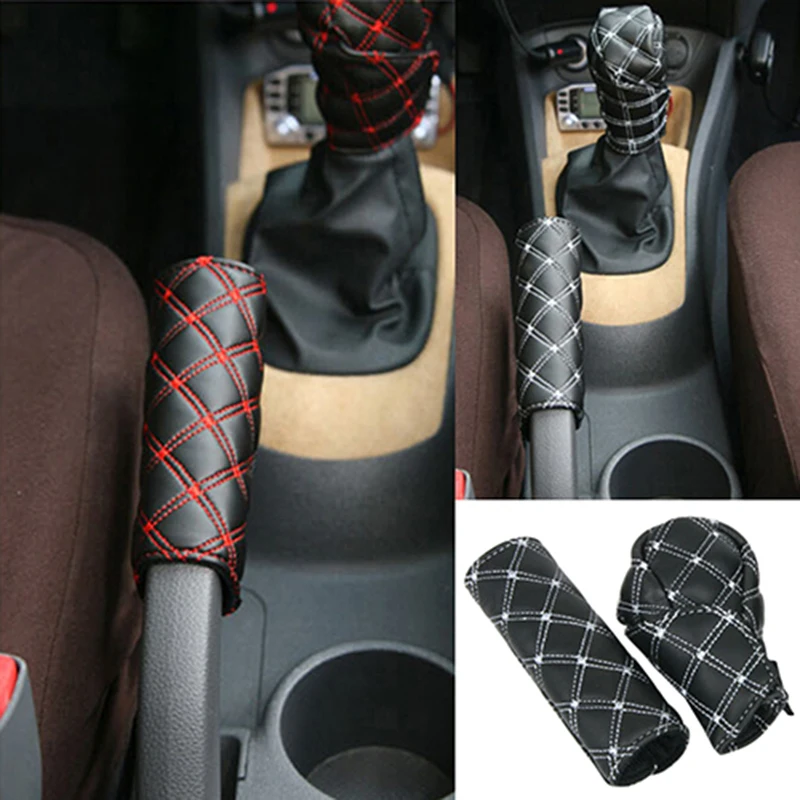 2Pcs/Set Faux Leather Hand Brake Shift Knob Cover Gear Case Car Interior Decor Car Gear Knob Cover