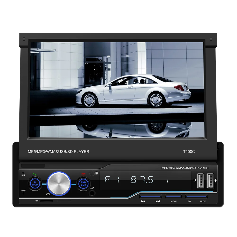 Universal car 7 inch retractable vehicle MP5 1 din format interface radio audio BT camera android car video player