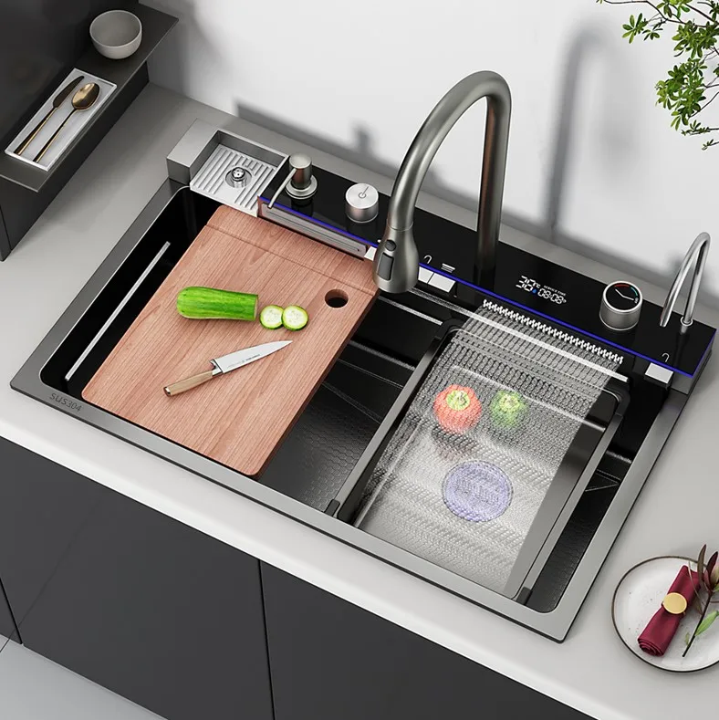 Modern Multifunction Rectangular Stainless Steel Single Bowl Waterfall Rainfall Digital Display Piano Key Kitchen Sink