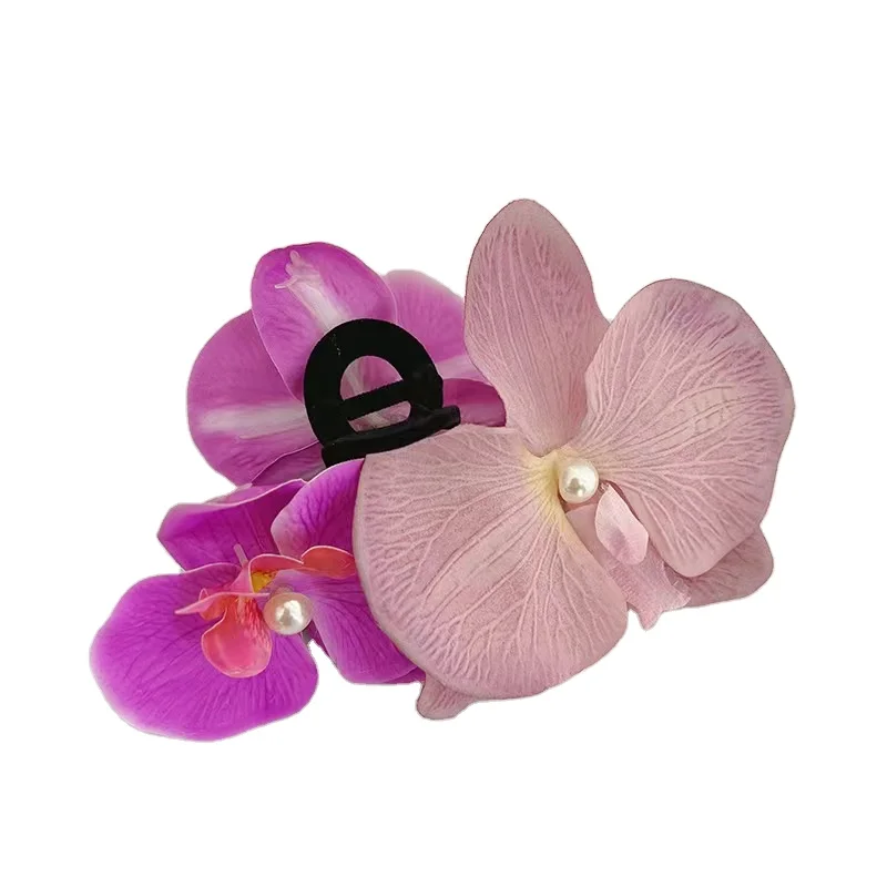 Female Super Fairy Floral Pearl Hair Claws Moth Orchid Flower Side Bangs Clip