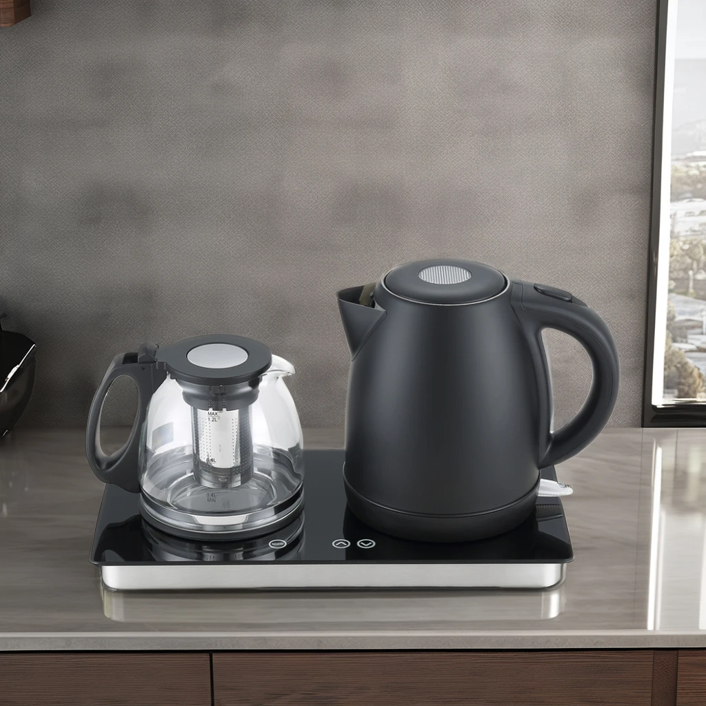 Temper Glass Tray Set Combination  Electric Kettle Temperature-control  Digital Hotel Tea Tray Set Blue Led Light