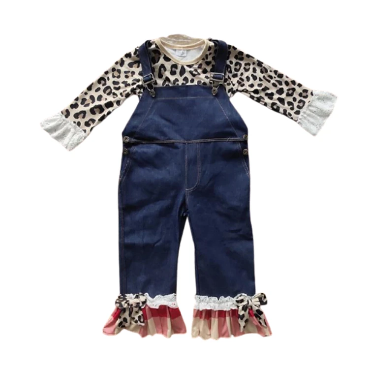 fashion boutique denim long overalls lace leopard long sleeve set outfit kids children clothes