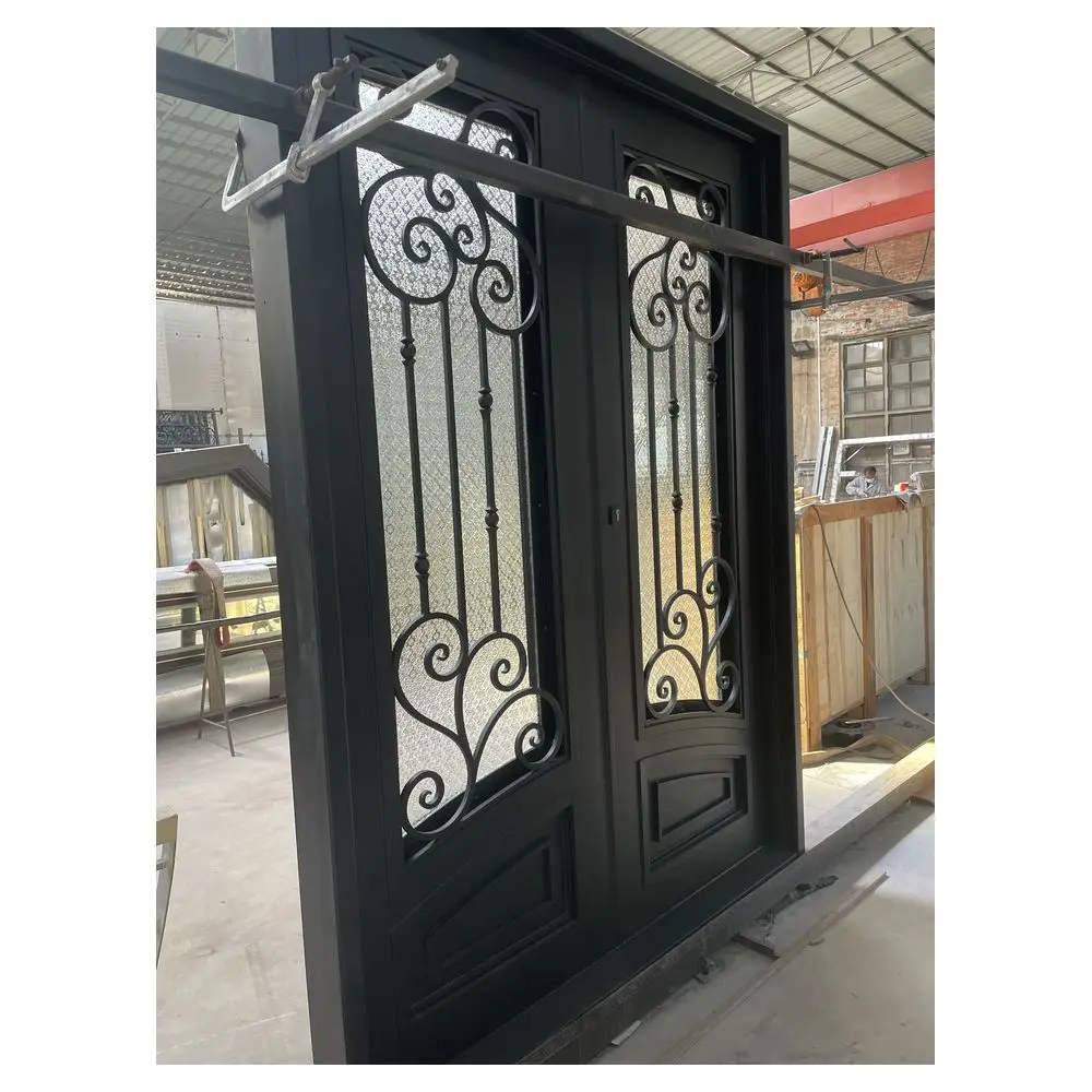 Prima Exterior metal black Villa Main Entry Door New Design Arch Decorative Grille Double Wrought Iron Entrance Front Doors