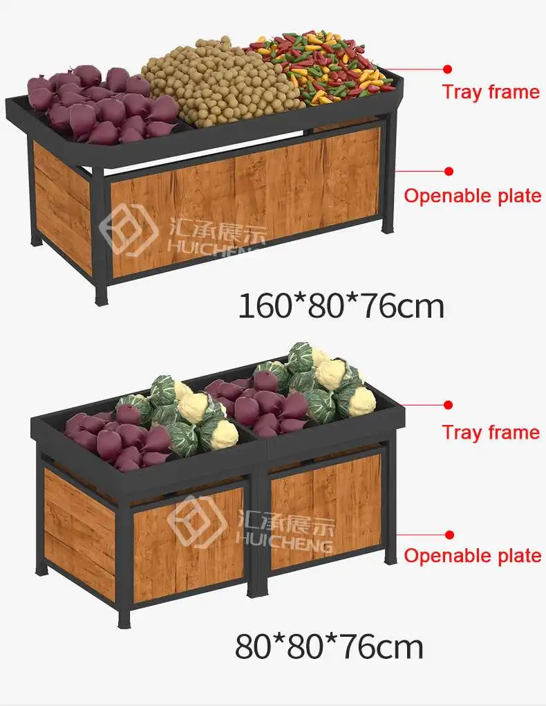 Meicheng Shop Racks Wooden Vegetable Stand Supermarket Steel Wood Fruit Vegetable Display Stand