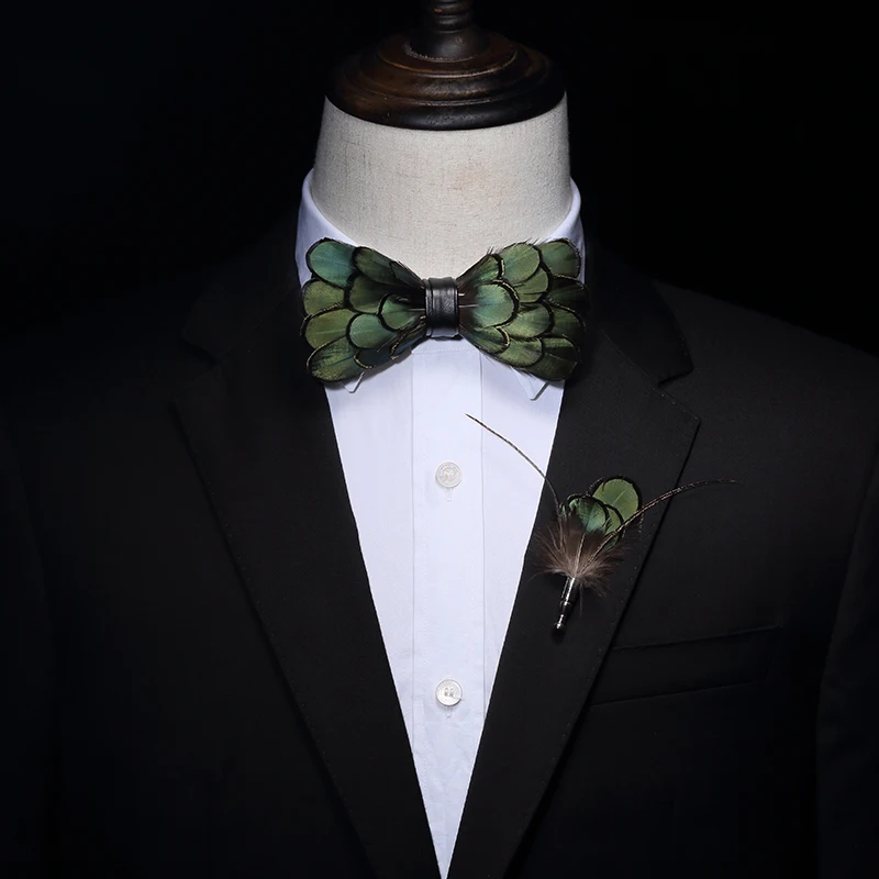 New Fashion Feather Neckties Men Pre Tied Bow Tie Handmade PU Leather TieS for Formal Wedding Party