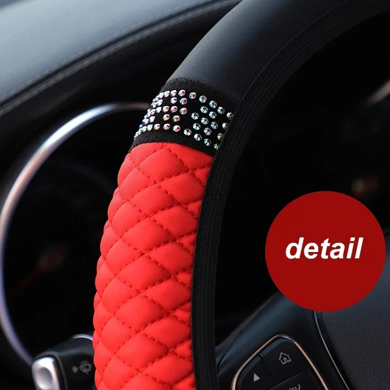 Universal Car Steering Wheel Cover 37-38cm Leather Embroidered Color Diamond-Studded Elastic Four Seasons