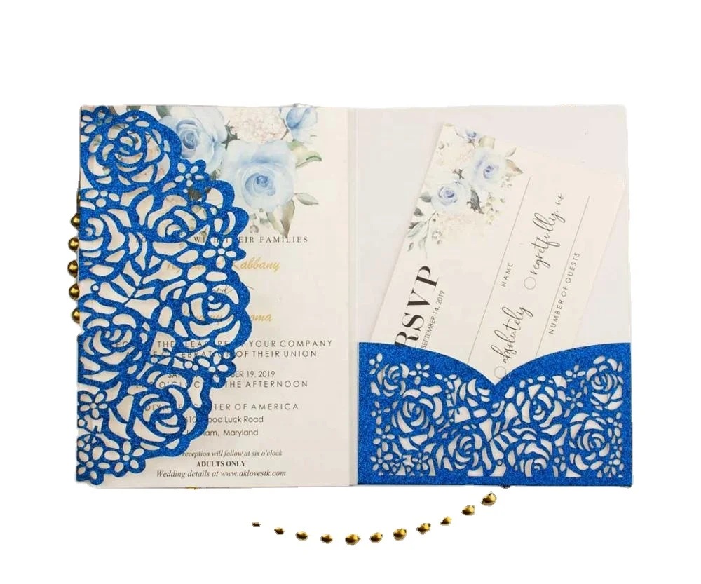Элегантная темно-синяя блестящая пудра карманная Свадебная пригласительная открытка лазерная резка тройные приглашения Поздравительные подарочные открытки декор для