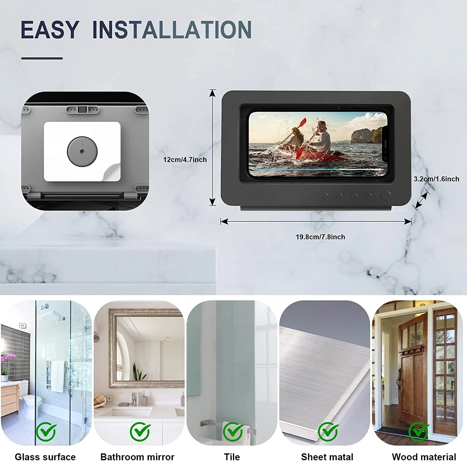 Shower Phone Holder Waterproof 360 Rotation Mirror Wall Mount Phone Holder for Shower Bathroom Bathtub Kitchen