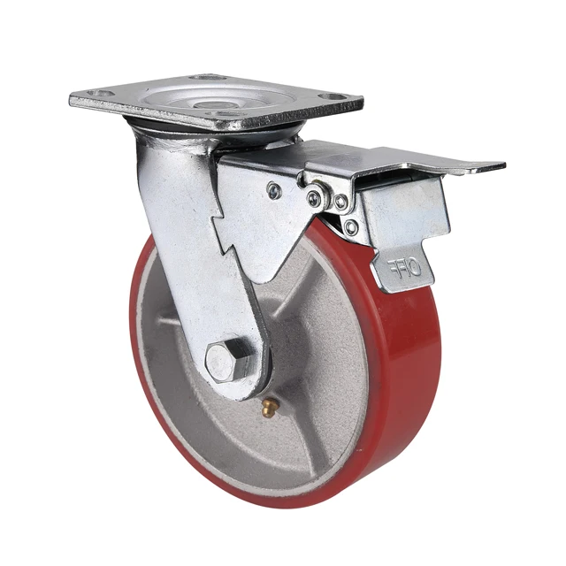 Roller Bearing Very Thick Plate Heavy Duty Cast Iron PU Swivel Caster Dual Brake 3 4 5 6 8 10 Inch Polyurethane Wheel Caster