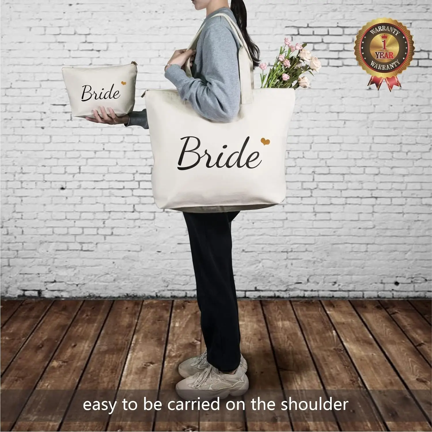 Bride Tote Bag with Makeup Bag Gifts for Engagement Bridal Shower Bachelorette Wedding Party Canvas White Bag
