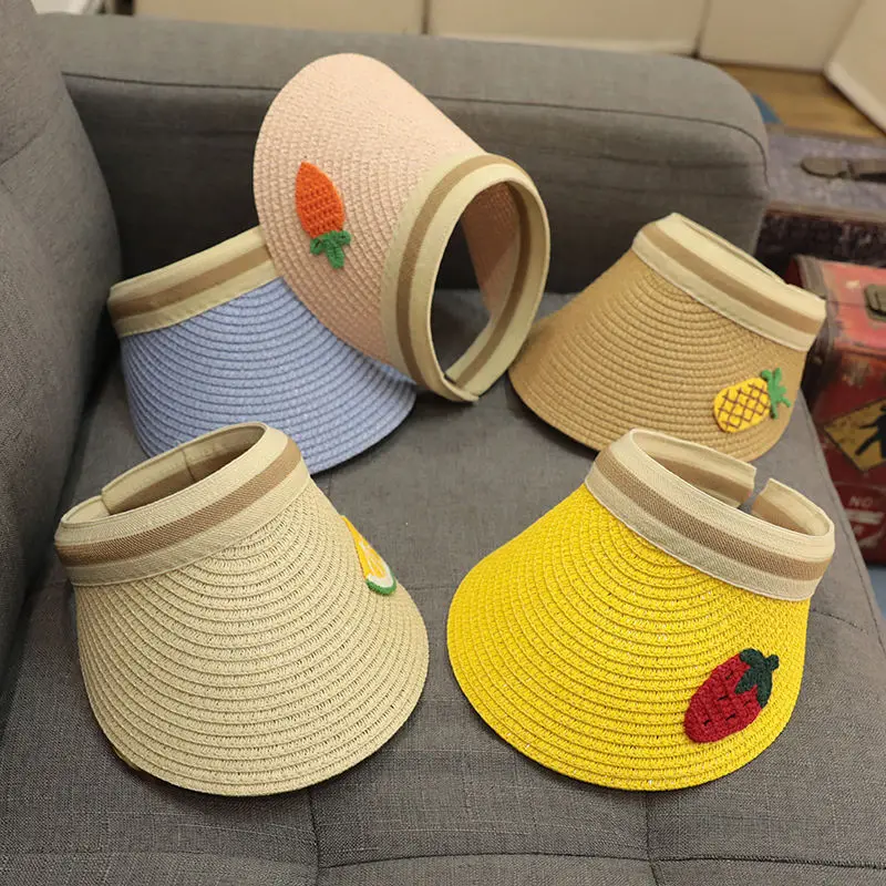 BESTELLA Wholesale  Custom Sun Visor Cap Summer Children Kids Sport Fruit Cartoon Design Wide Brim UV Protection Straw Hat
