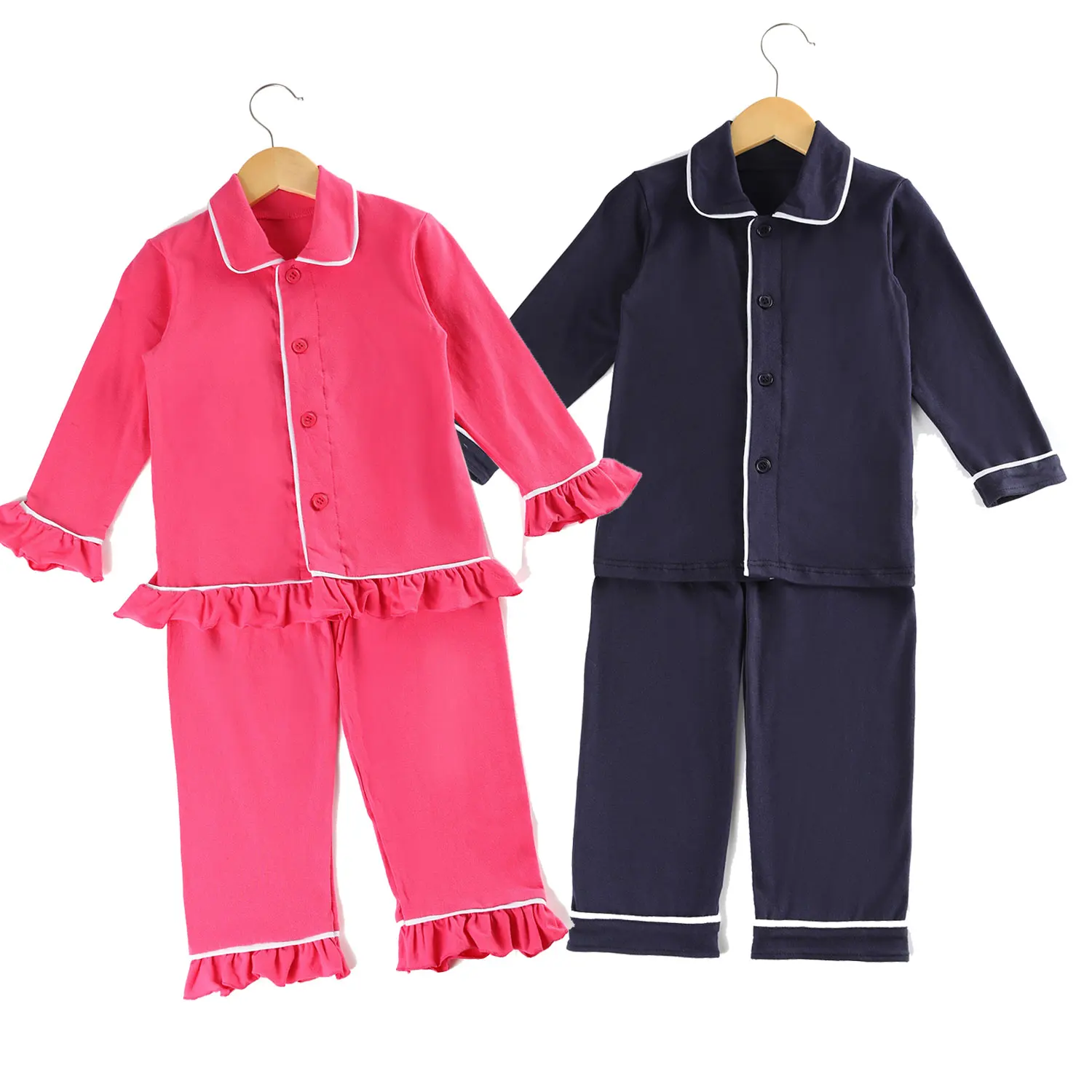 NO MOQ Christmas buffalo plaid knit cotton fabric long sleeves button with pockets kids night pyjamas
