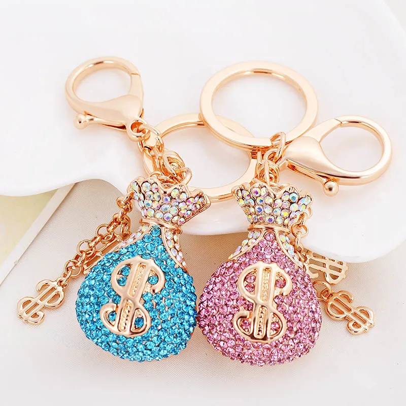 NEW Fortune Bag Crystal Rhinestone Lucky Keychains luxury Key Chain bling amulet Sparkling KeyRing Charms Purse Pendant Bag Deco