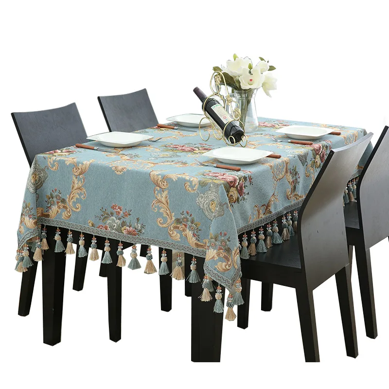Europe Luxury Classical Floral Embroidery Dining Table Cloth Cover Tassel Chenile Jacquard Rectangular Tablecloth for Restaurant