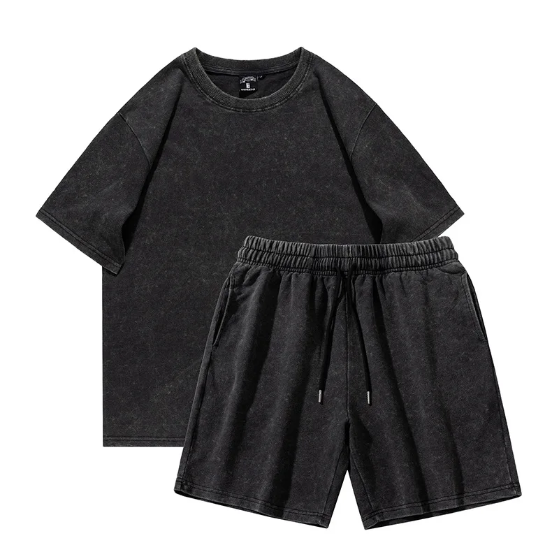 customized fashion unisex casual cotton washed T-shirt short set plain tshirts for printing