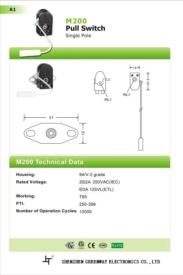 2A 250V Power Switch M200 Wall Pull Cord Switch T85
