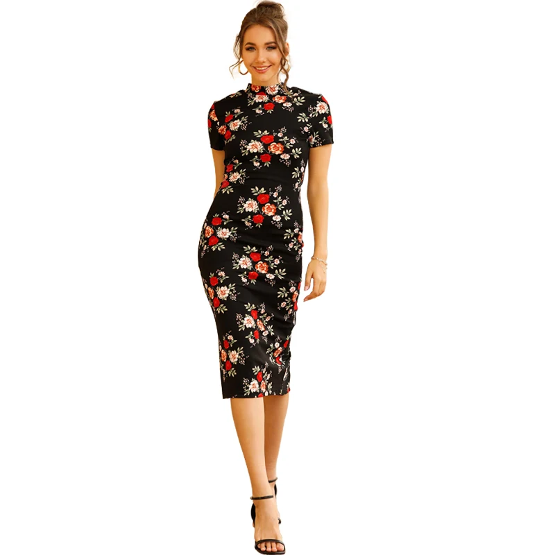 Catwalk New Satin Traditional Chinese Vestido Stand Collar Short Sleeve Women Tight Cheongsam Robe Tang Suit Printed Dress