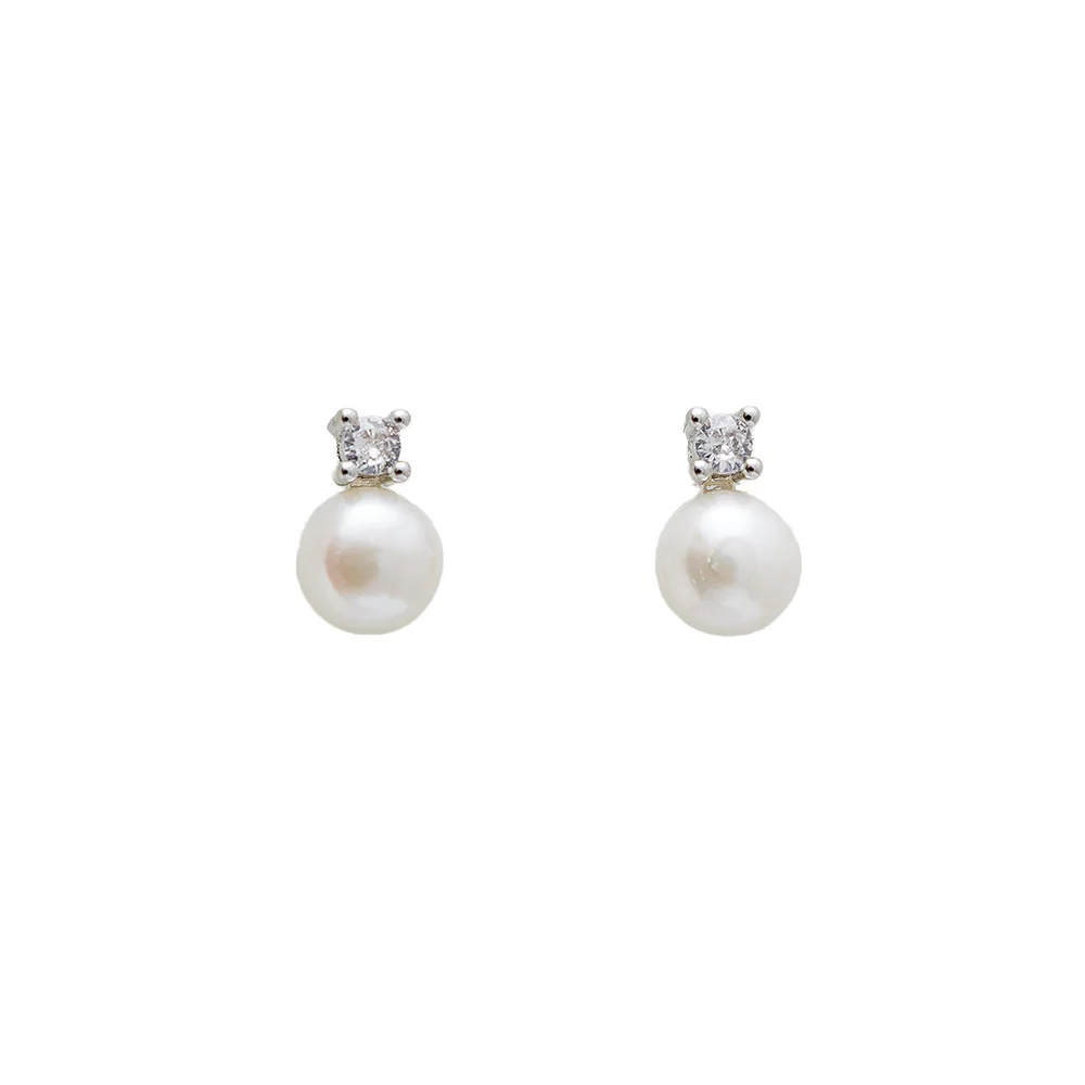 LUCK  New Round white Natural freshwater Pearl Stud Earrings For Elegant Women Shinny Zircon Earring Evening Party Jewelry