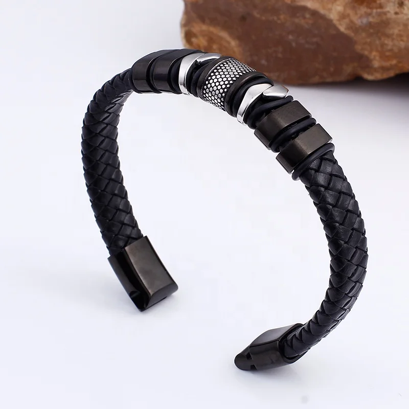 High Quality Black Magnetic Clasp Braided Leather Men Bracelet Stainless Steel Jewelry