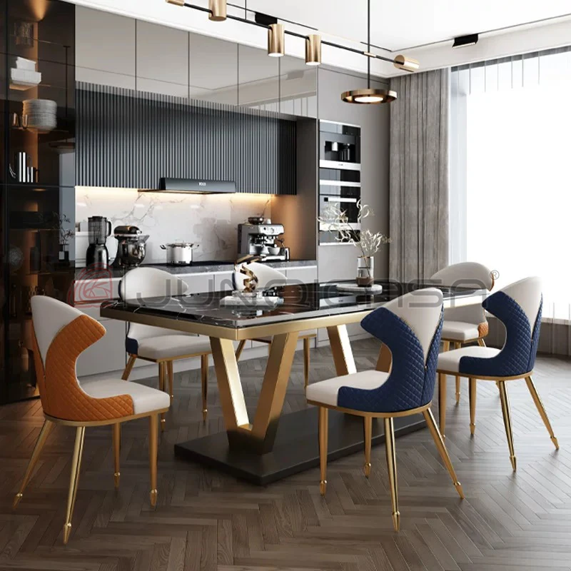 Luxury Style Big Rectangle/Round Dining Table Set 6 Seater Exotic Dark Black Wood Marble Top