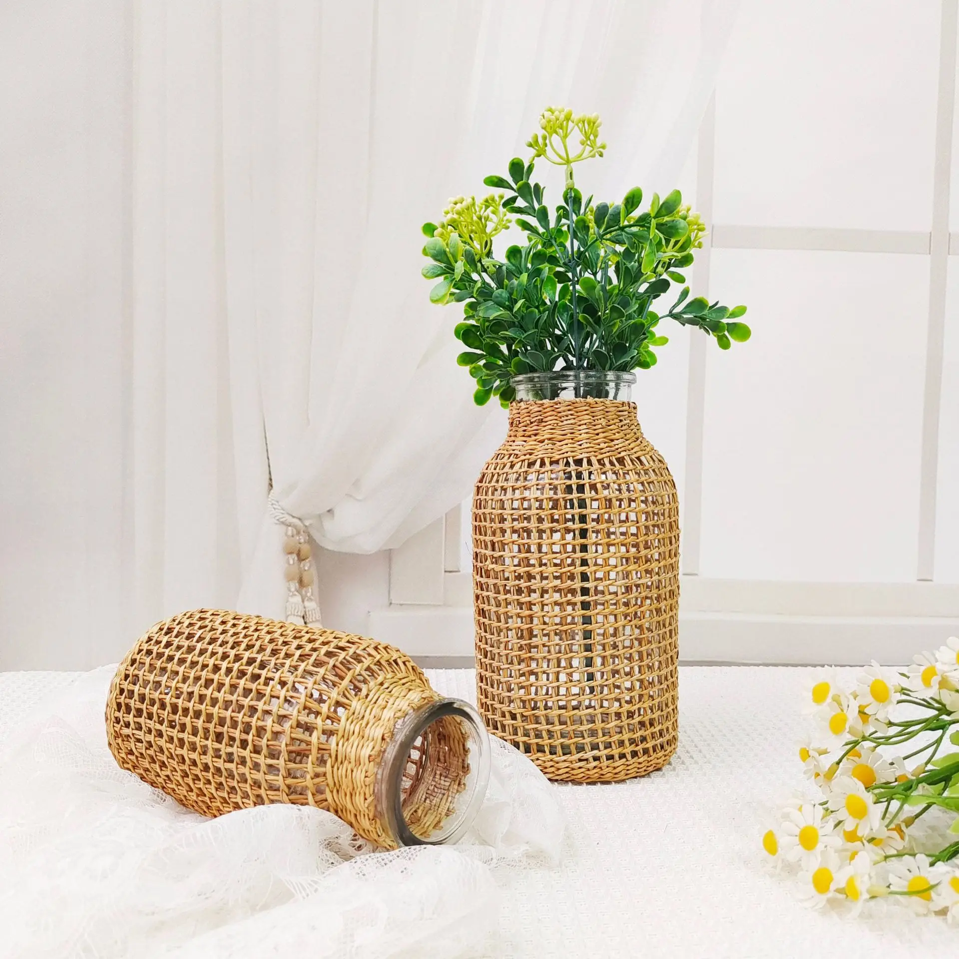 Wholesale Straw Woven Glass Dry Flower Vases Home Decoration Creative Hydroponic Clear Flower Vases