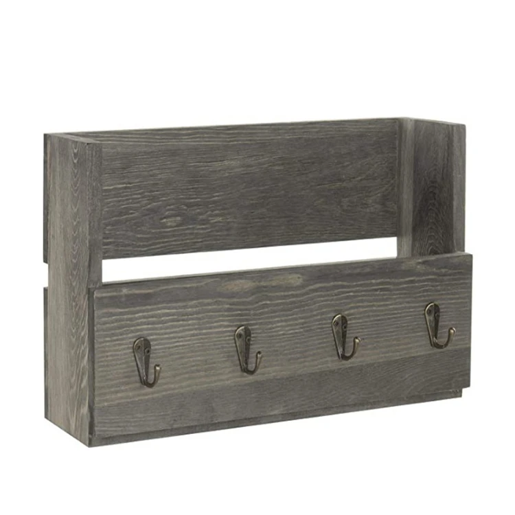 
Rustic gray mounted mail organizer rack with 4 key hooks wholesale magnetic key holder wood 