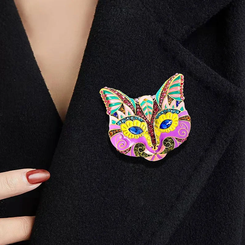 Vintage Rhinestone Animal Cat Brooch Pin Cat Colored Enamel Venetian Mask Brooch For Women