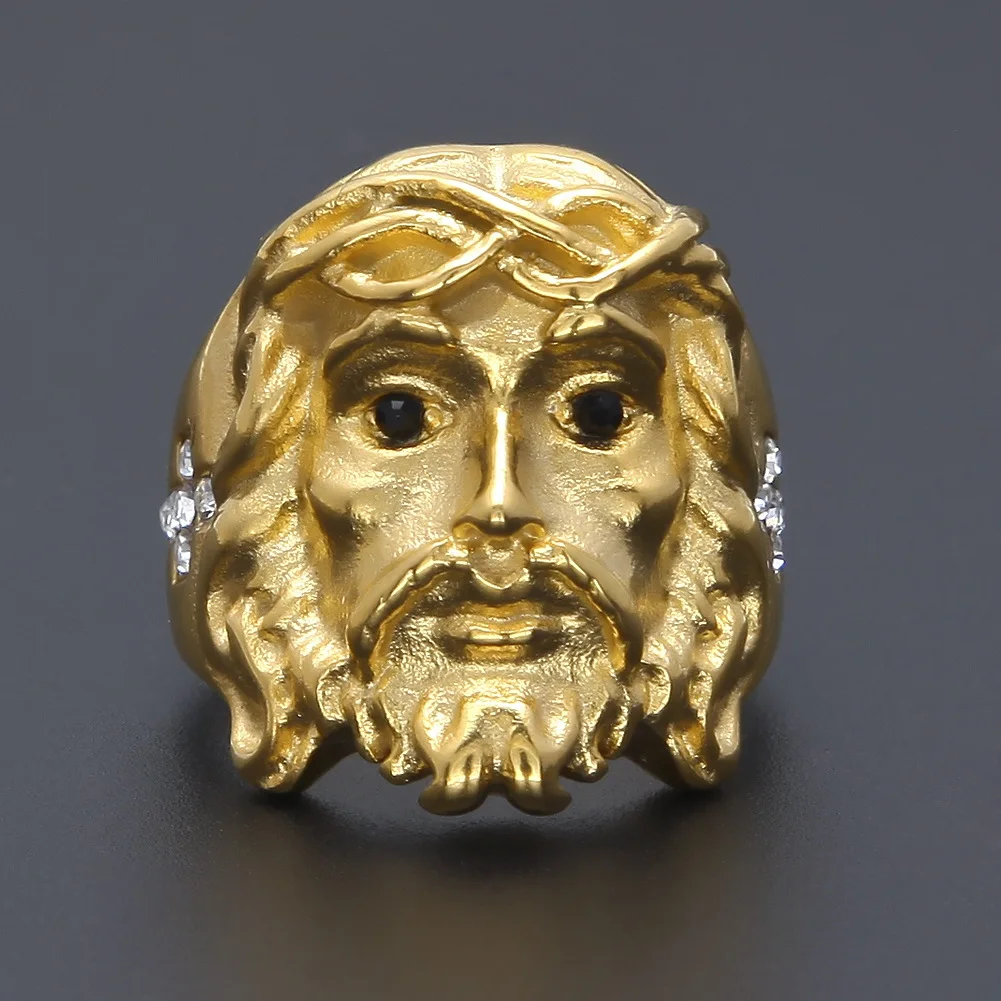 
Trend Stainless Steel Vacuum Plating Color Preserving Jesus Cross Diamond Cross Jesus Head Ring 