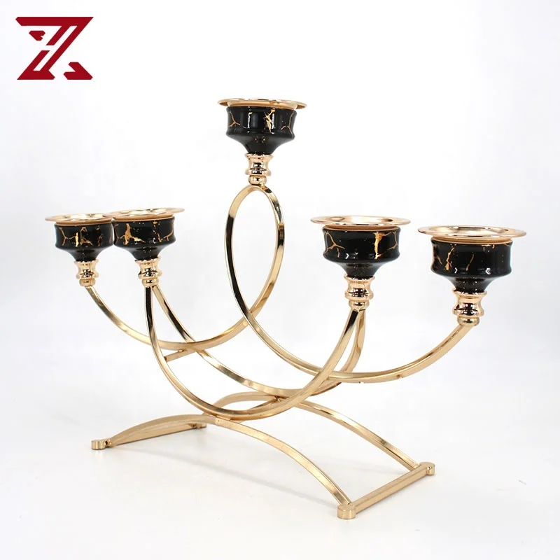 Wholesale High Metal Stand Gold Electroplated Ceramic Five Heads Candle Holder For Home Decoration