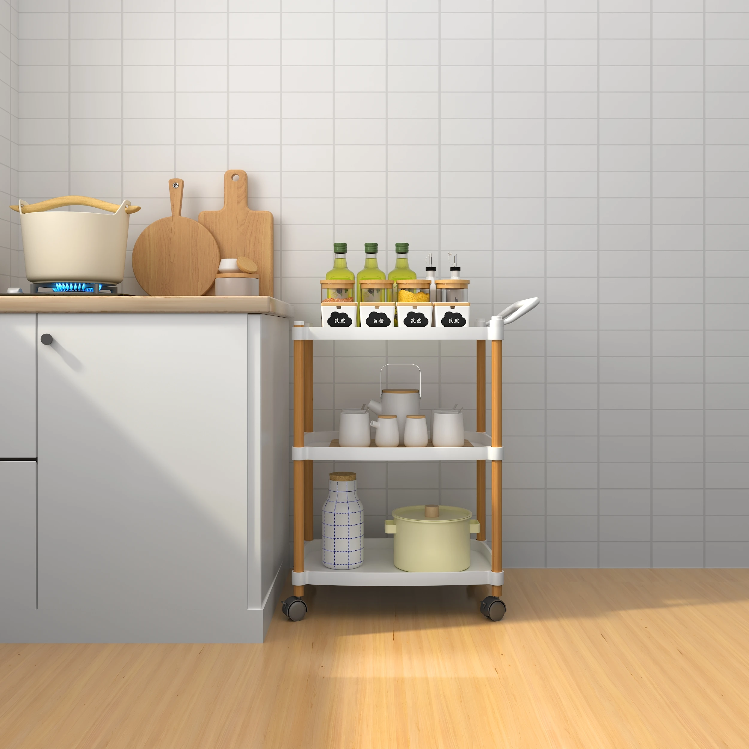 White 3-tier square ABS Plastic  Storage Trolley For Dining Room