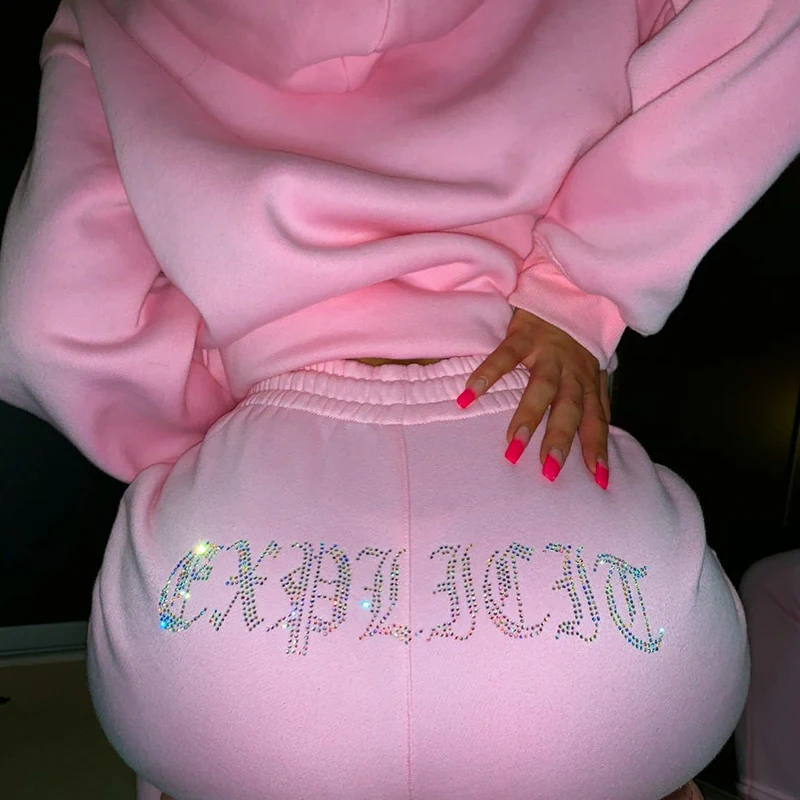 В наличии новинка модный однотонный спортивный костюм для отдыха худи со стразами и капюшоном